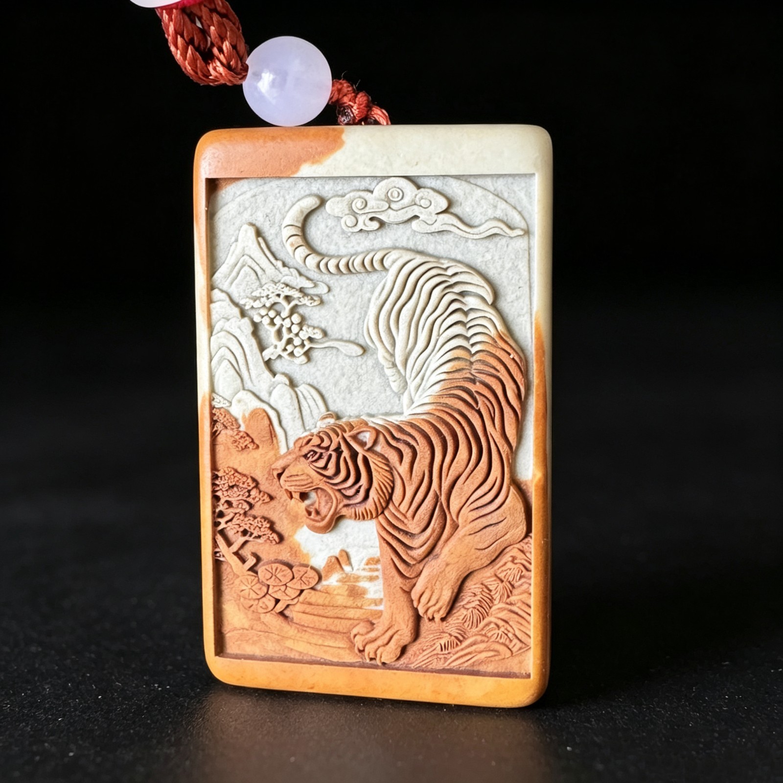 Natural Songhua Stone Double Sided Dragon Tiger Pendant Fine Carved Worry Stone