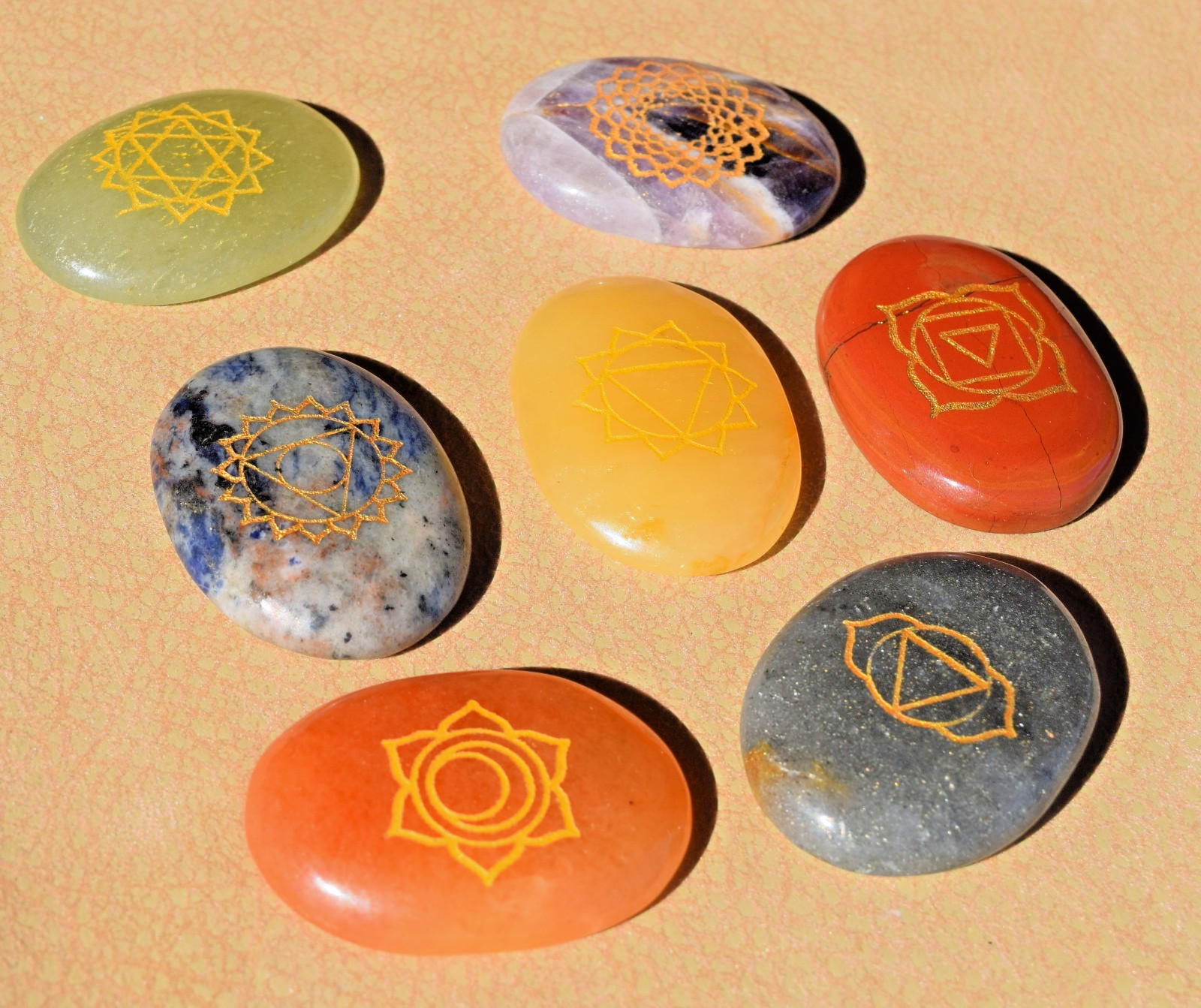7 Engraved Chakra Symbols Oval Pocket Stone Set Polished Worry Stones