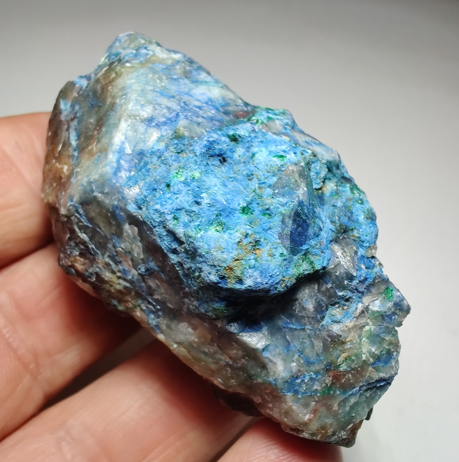 Shattuckite with Dioptase, etc on Quartz. Kunene Region, Namibia. 89 grams.