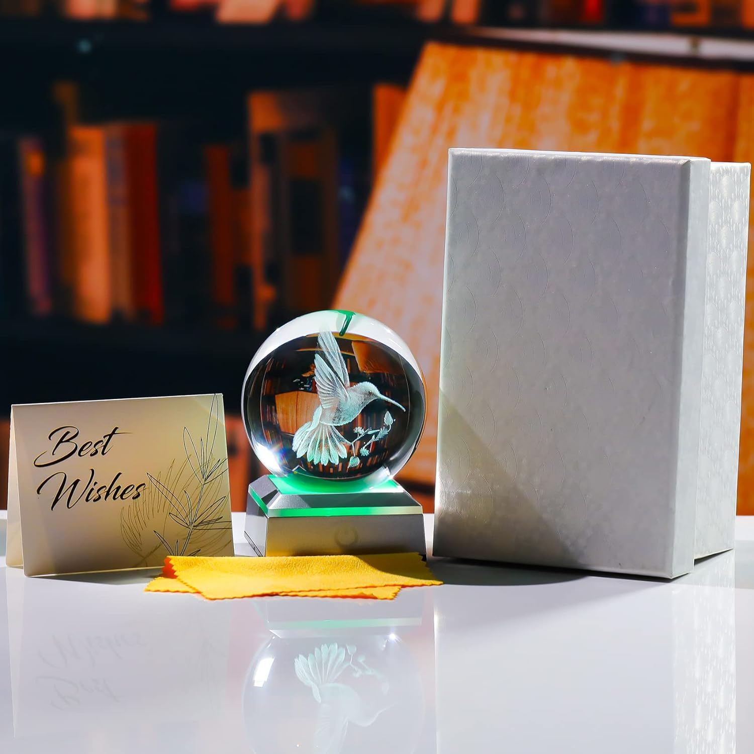 Crystal Ball 3D Engraved Hummingbird with LED Colorful Base, 3.15″ Glass Sphere