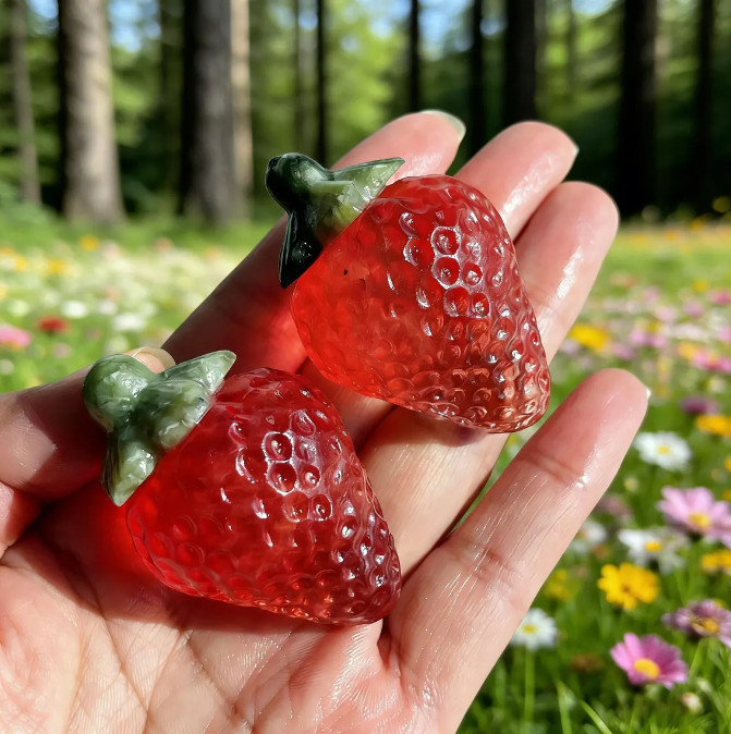 Hand-Carved Red Smelted Quartz Strawberry Statue, Sweet Table Decor, Healing 1pc