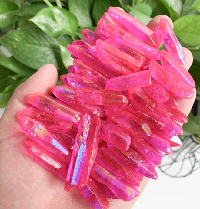 50g (4pc) or 100g (8pcs) Aqua Aura Quartz Crystal Point Pink Stone Points 3-5cm