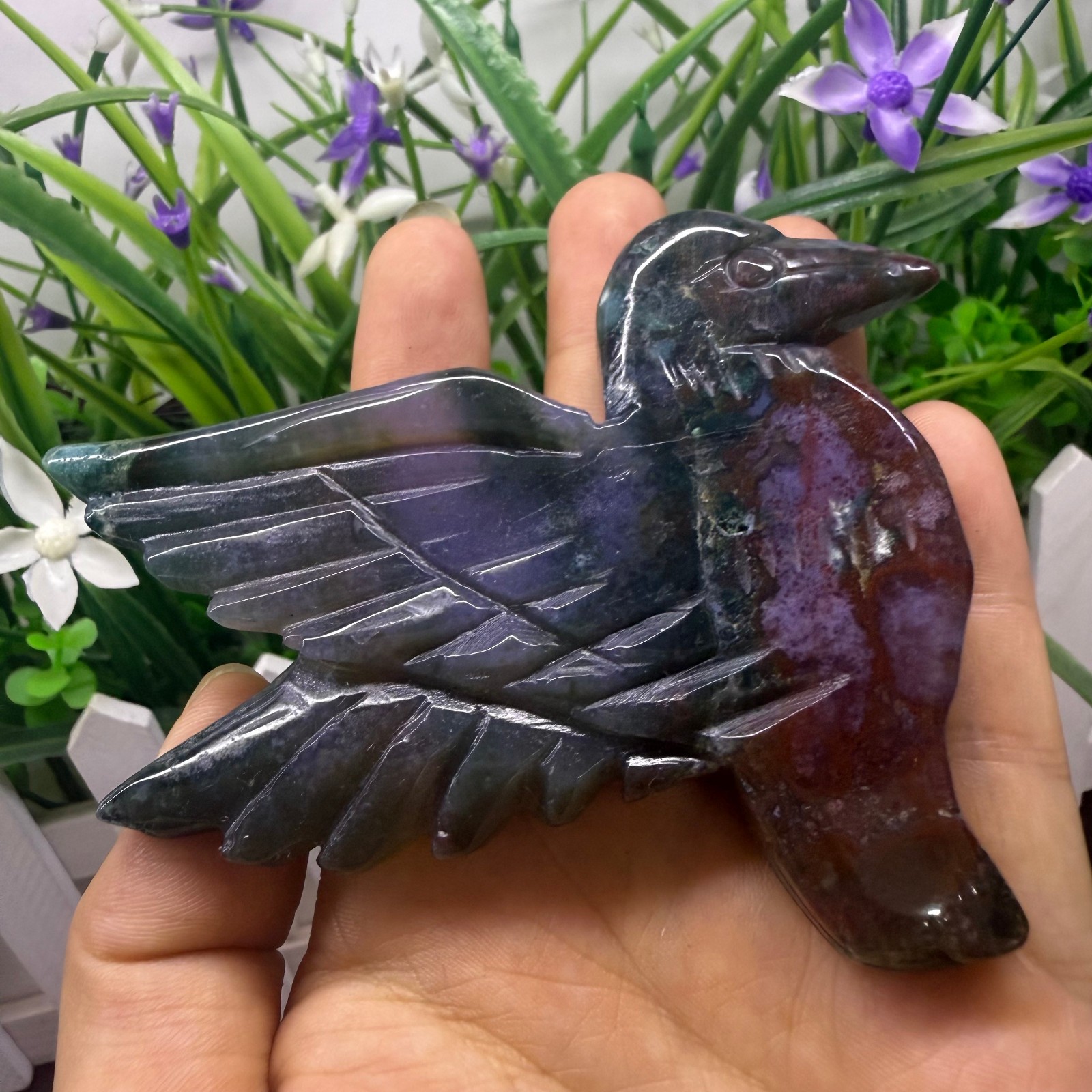 3.7″ natural ocean jasper Hummingbird Carved Reiki Crystal Skull Decor heal Gift