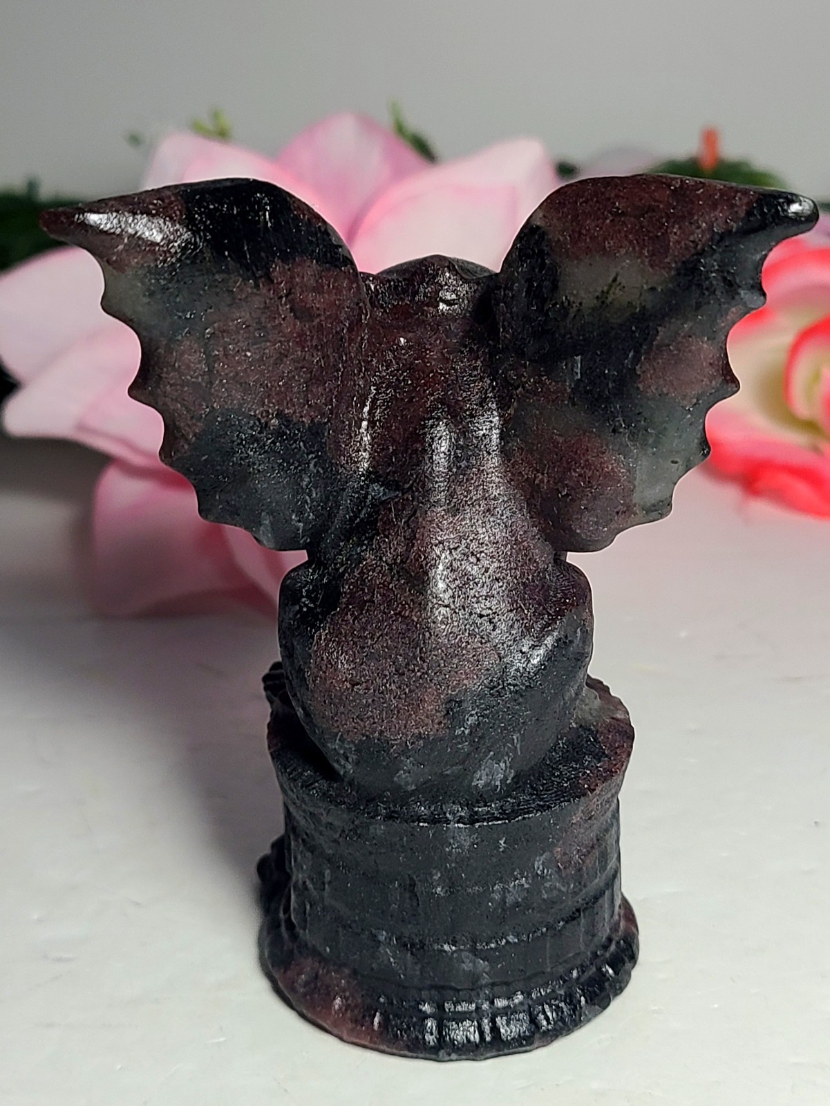 4″ 329g Magnificent Garnet Arfvedsonite Gargoyle Crystal Stone Carving Statue