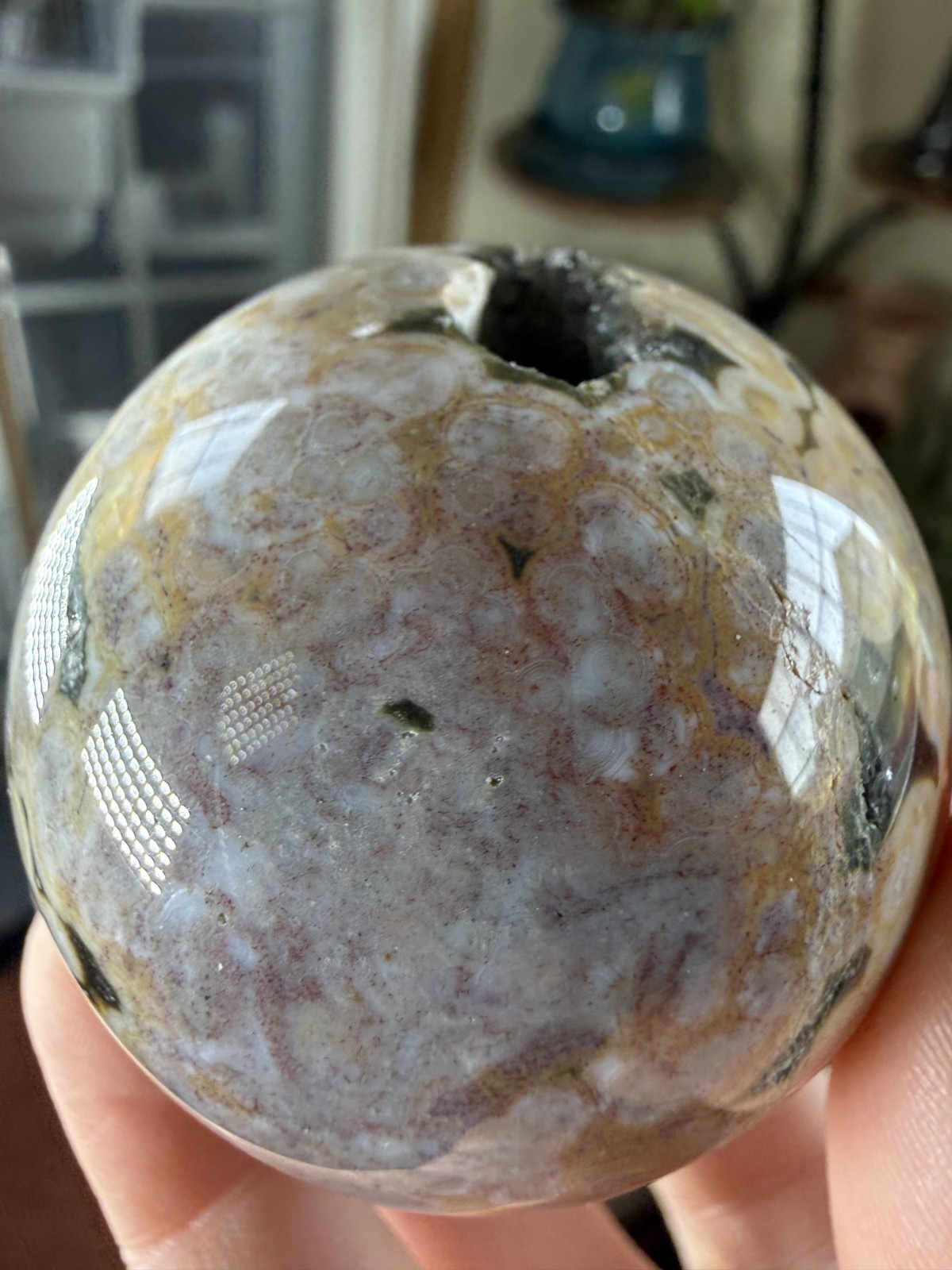 8th Vein Ocean Jasper Sphere – Pink, Green, Gold & White – Druzy Caves – 5.47 oz