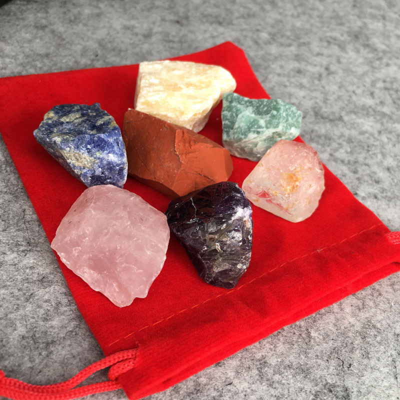 7 Stones Chakra Set Seven Medium Rough Natural Raw Crystal Kit & Pouch