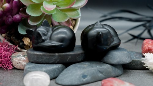Obsidian Crystal Sleeping Cat Carving Stone Healing Protection Pet Trinket Decor