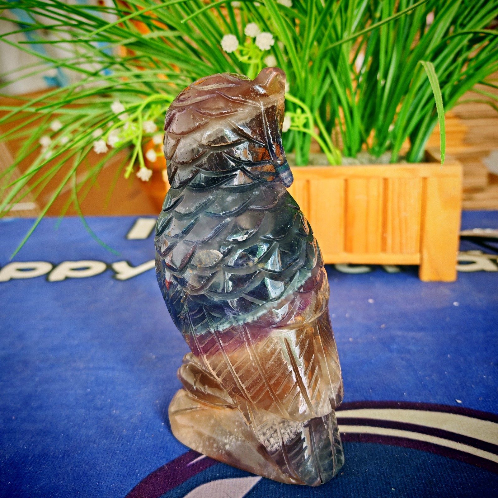 2.42LB Hand Carved Fluorite Owl Statue Unique Crystal Figurine Collect healing