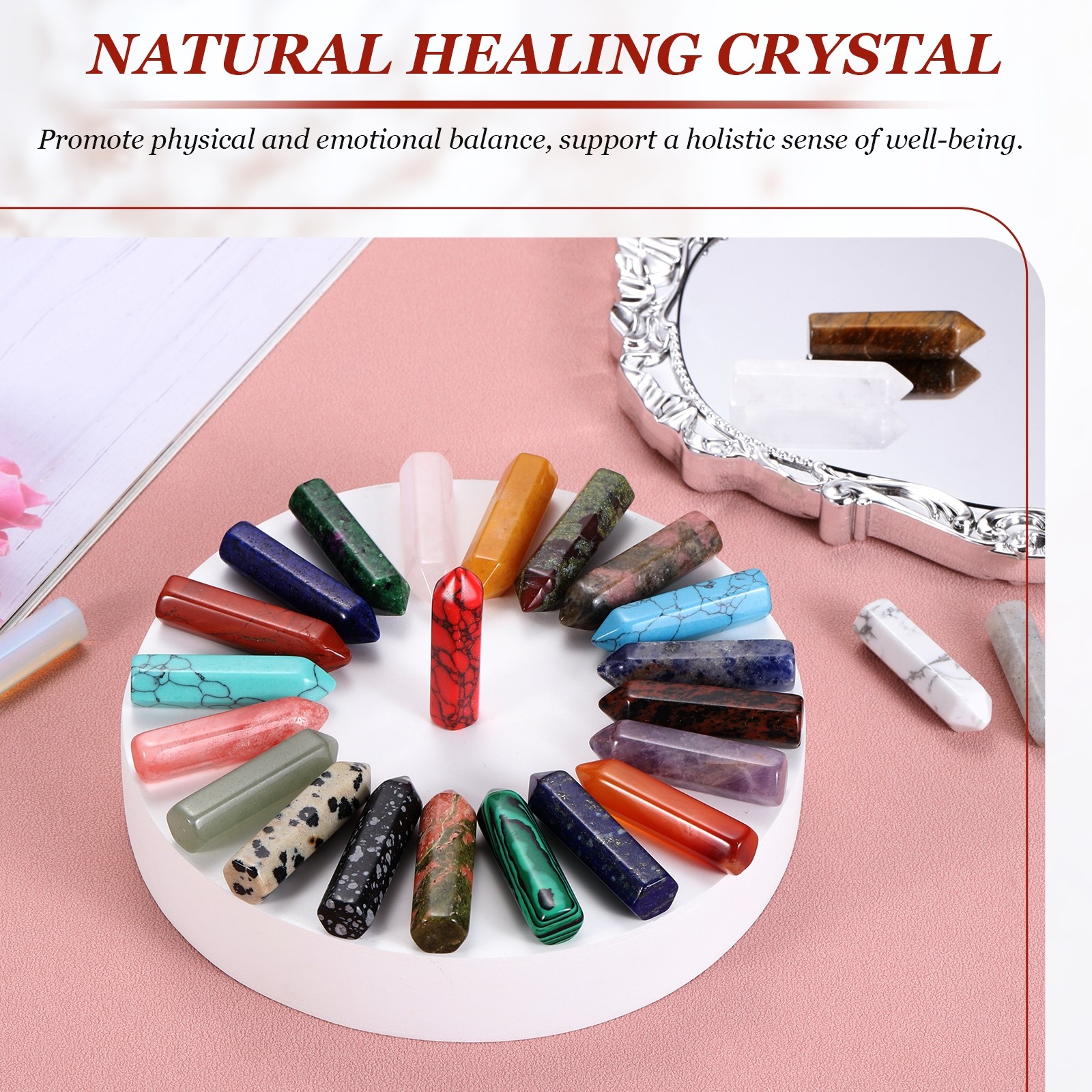 10Pcs, Crystals Wands 33x8mm Tree Agate for Chakra Meditation Pink-Green