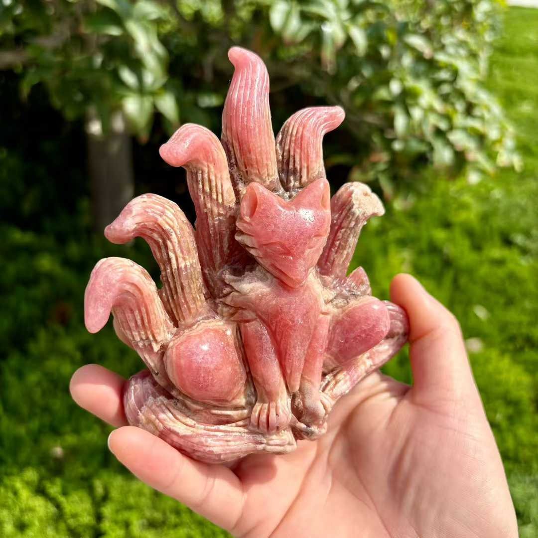 449g Natural Rhodochrosite Quartz Carved Nine-tailed fox Skull Crystal Reiki