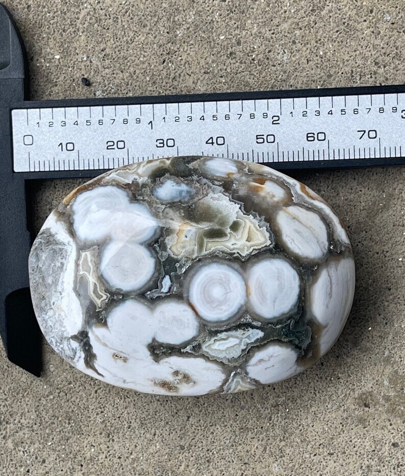 8th Vein Ocean Jasper Big Palmstone with Orbs and Quartz Collectors Crystal