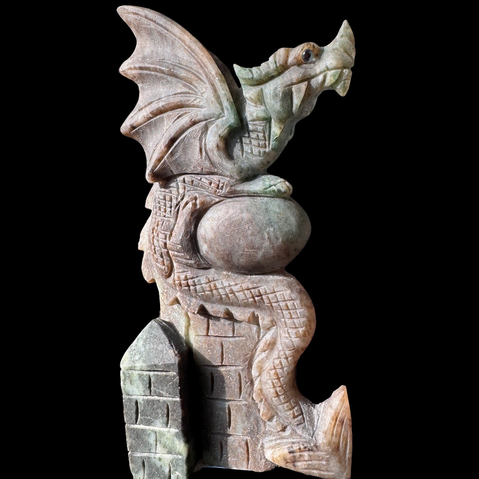 Western Dragon & Castle Sculpture in Dushan Jade | Hand-Carved, Majestic Display