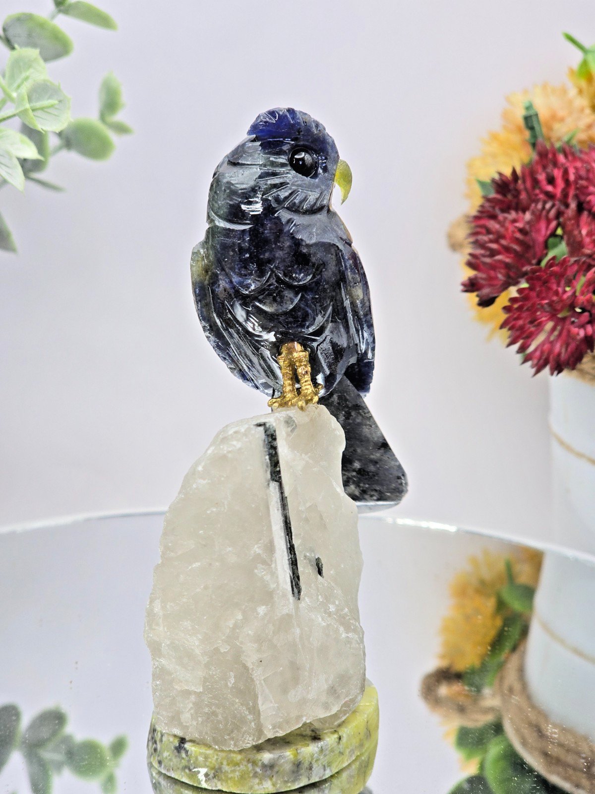 Dark Blue Hand Carved Owl on Crystal Base 4″ Natural Stone Bird