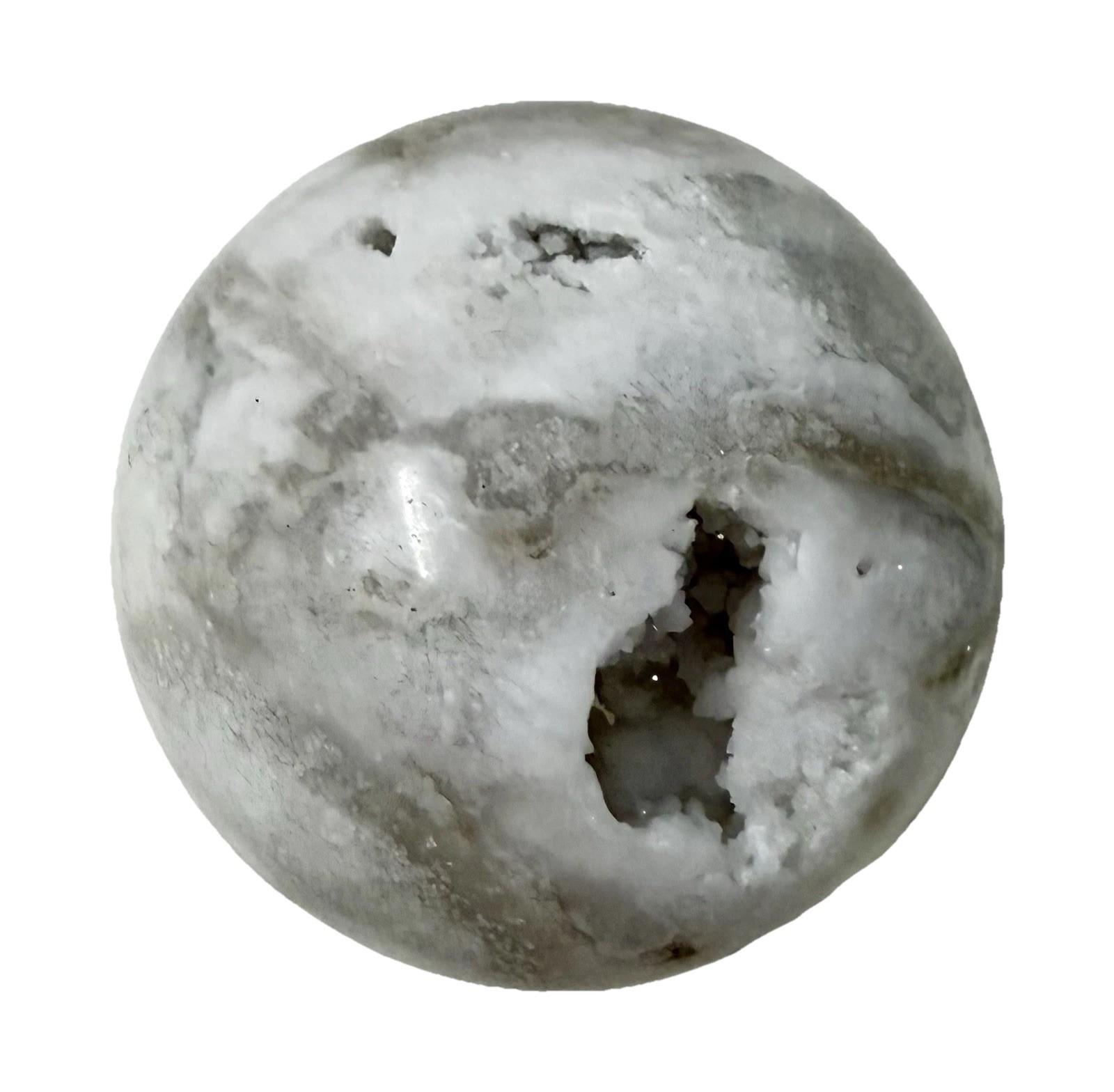 397g White Agate Big Druzy Crystal Sphere Polished With Holder