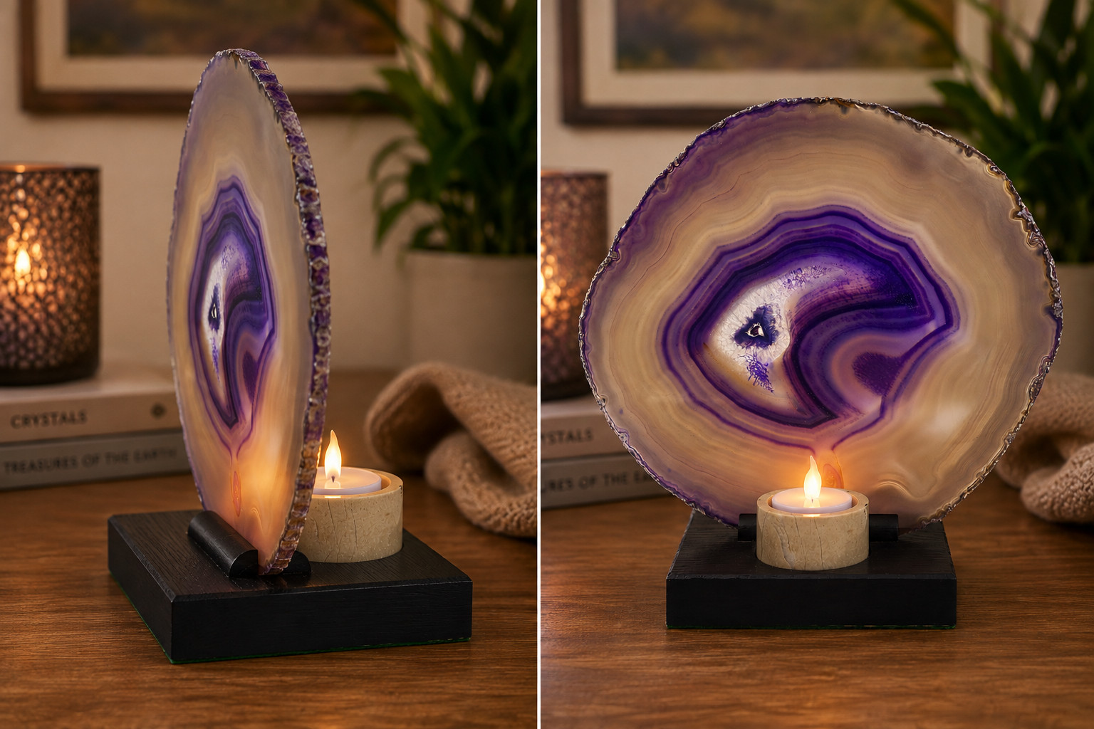 Large Agate Crystal Slice Purple Banded Candle Night/ Tea Light Stand Holder