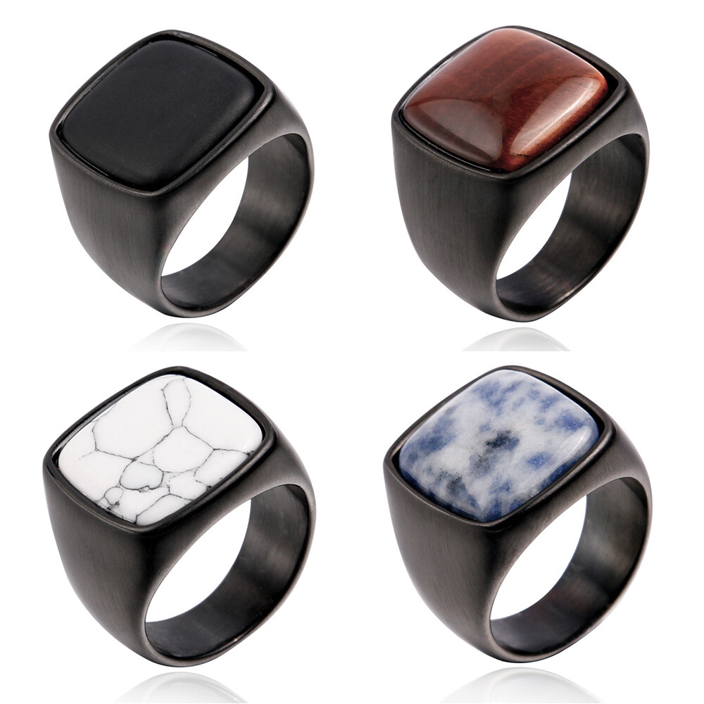 Punk Square Titanium Steel Ring Crystal Stone Gemstone Band Wedding Jewelry Men
