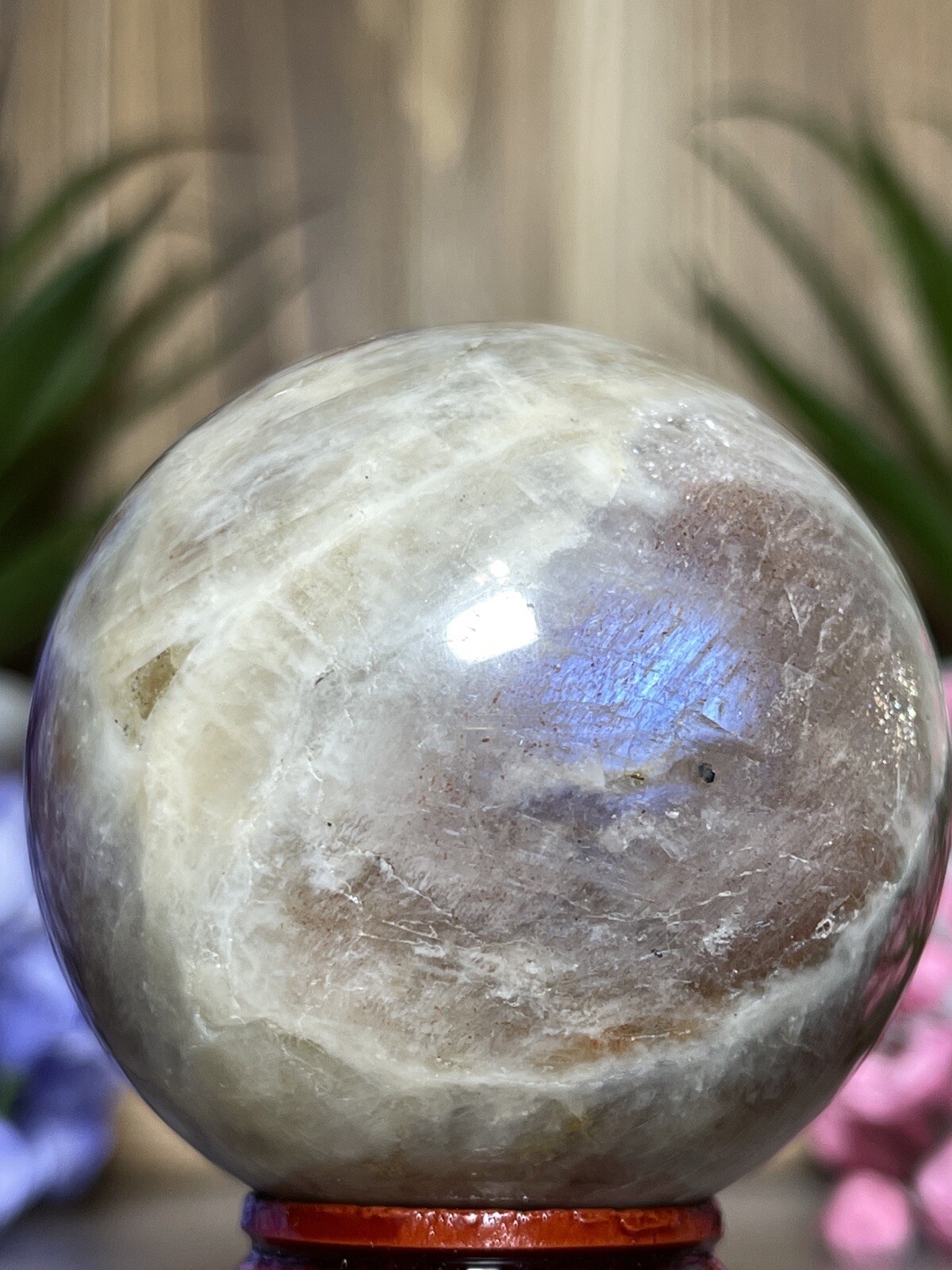52mm MOONSTONE SUNSTONE SPHERE – Crystal Blue Feldspar Orange Mineral Witch 202g