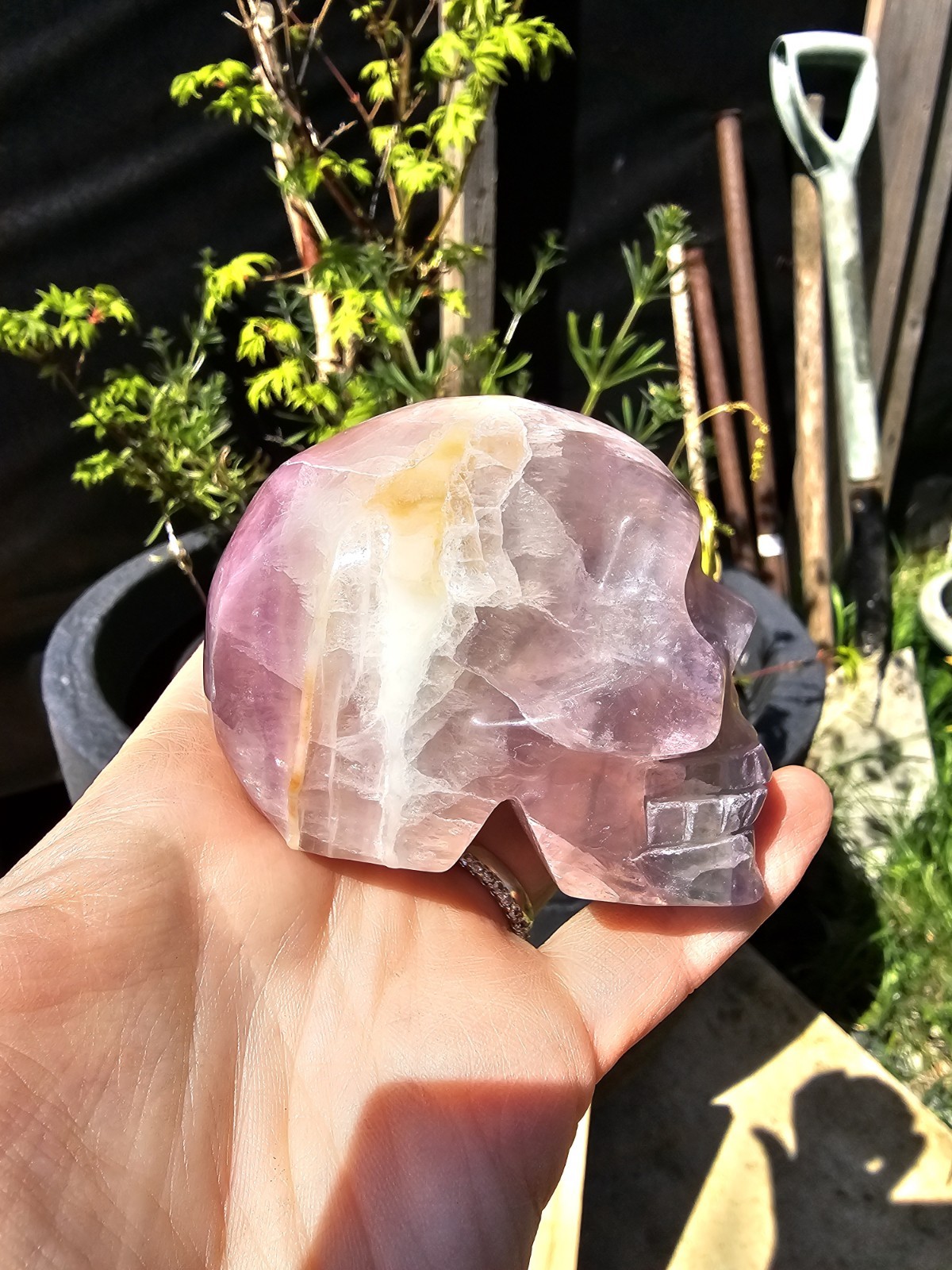 Rainbow Fluorite Skull Crystal Carving 380g Purple 5.6 x6.4 x4.7cm