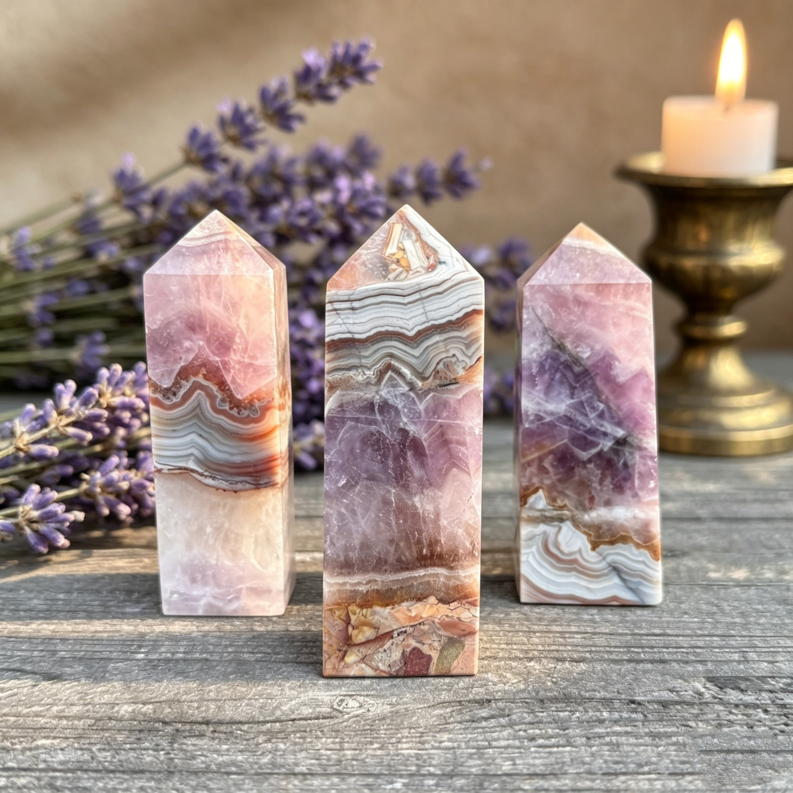 Natural Amethyst & Banded Agate Crystal Tower Obelisk Healing Wand Home Decor