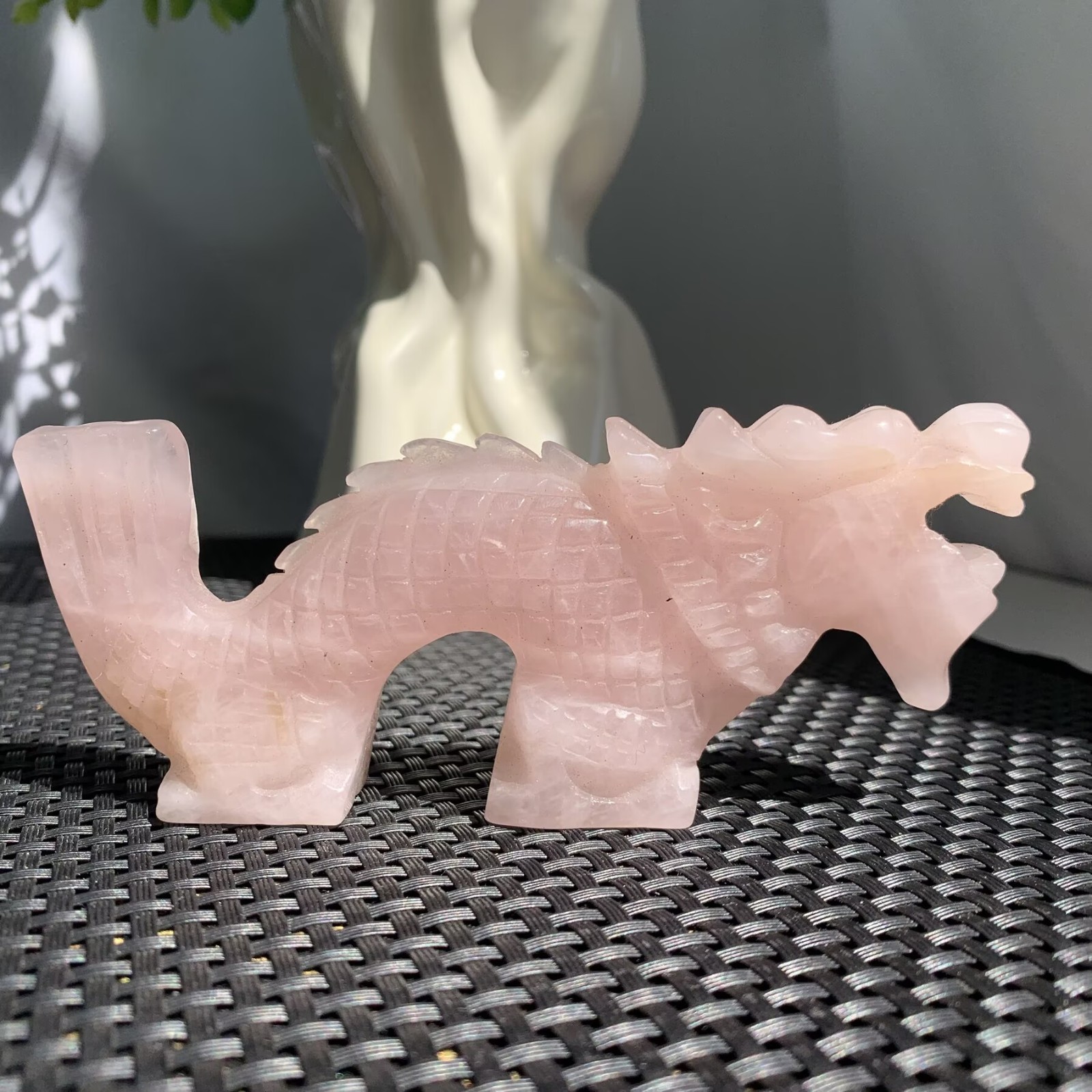 148g Rose Quartz Chinese Dragon Sculpture Gemstone Crystal Desk Decor