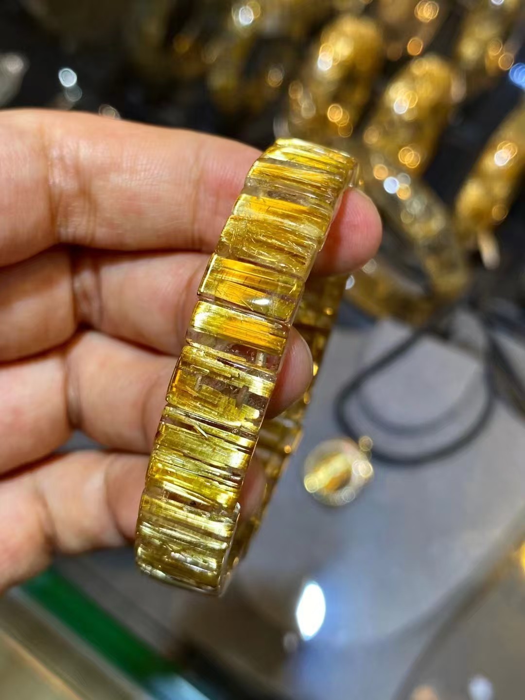 11*4.5mm Rare Sparkling Natural Gold Rutilated Titanium Quartz Crystal BraceletA