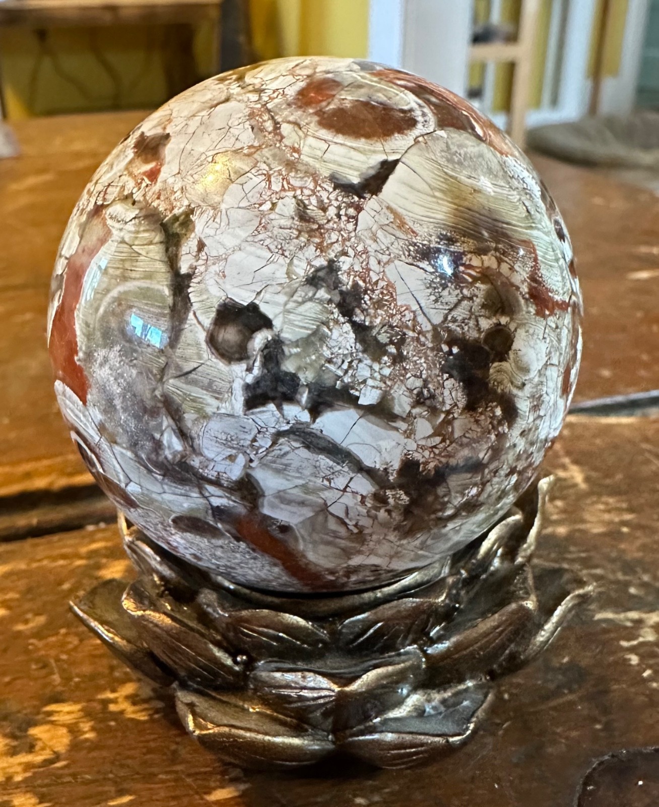 Colorful Money agate crystal sphere with brown resin petal stand free shipping