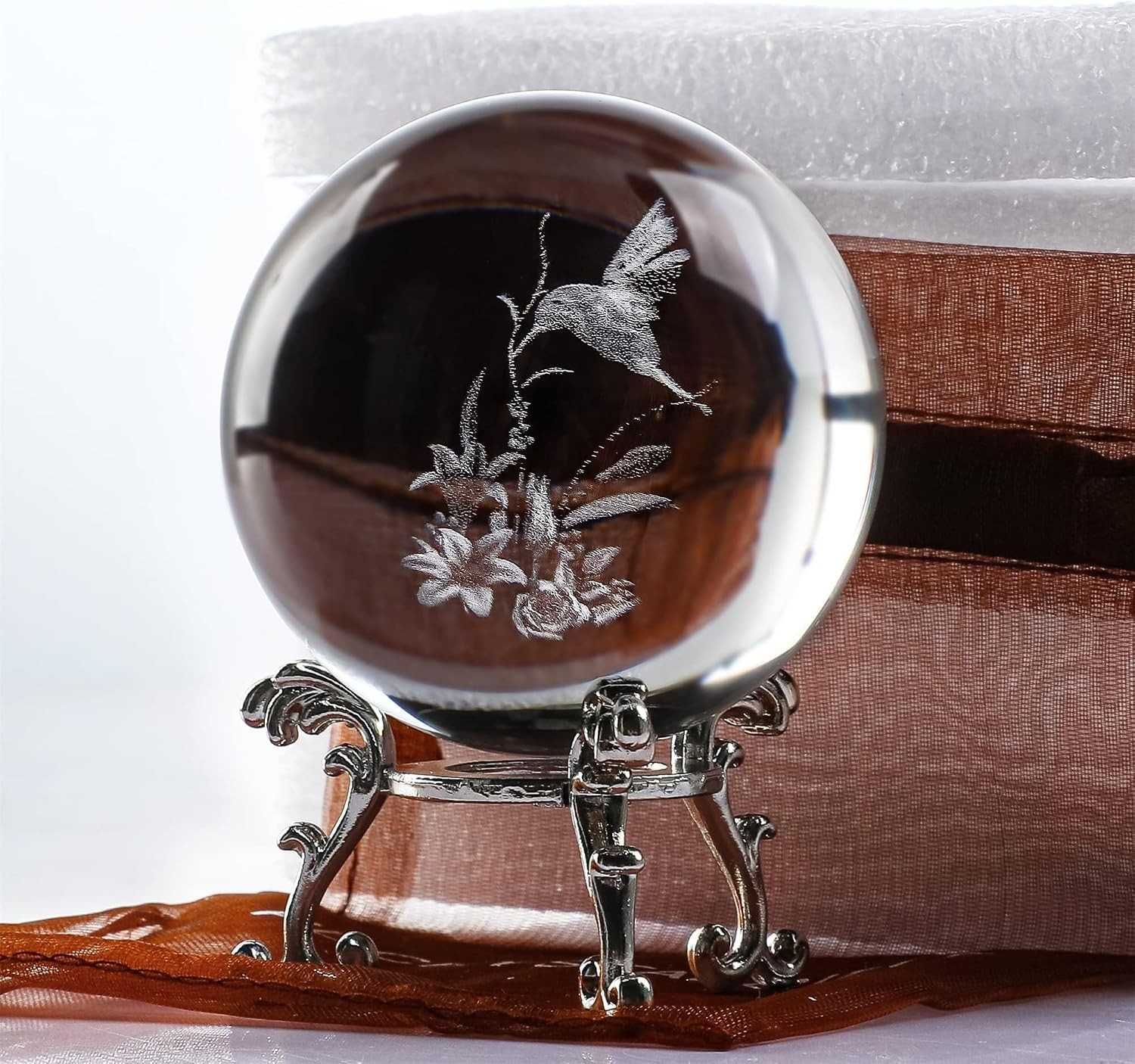 Feng Shui 60mm Hummingbird Crystal Ball Paperweight with Metal Stand – Gift Idea