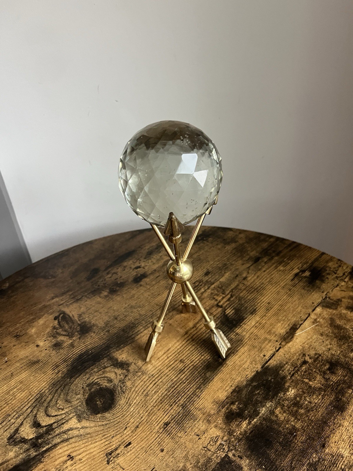 India Facted Crystal Sphere Prism With Flat Base W/ Brass Stand Multi Faceted