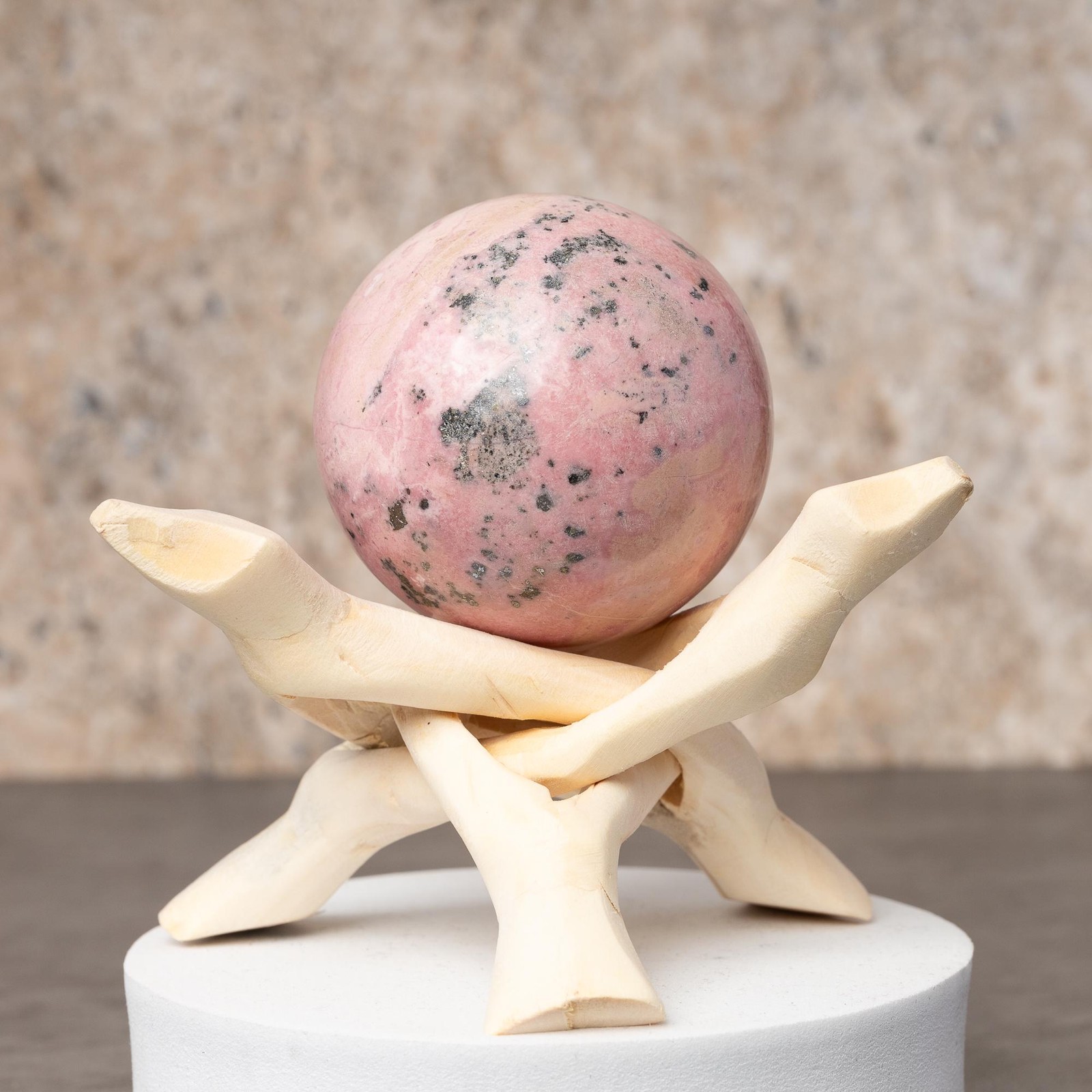 Rhodonite Sphere with Stand Pink White Crystal Ball Natural Stone Specimen Gift