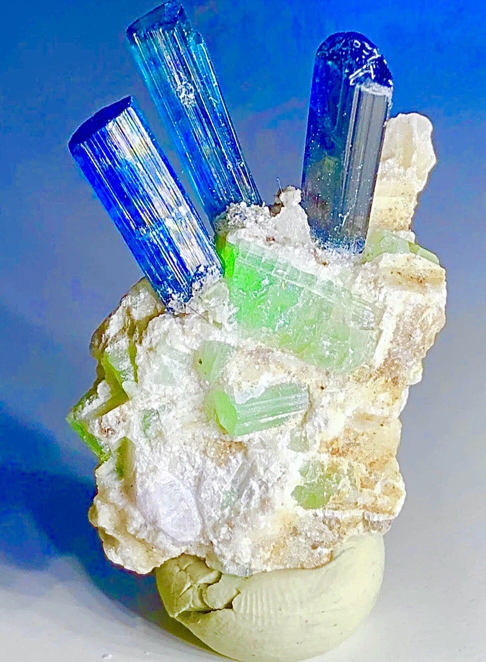 Neon Blue Green Tourmaline On Quartz Crystal Raw Rough Specimen Cluster Matrix