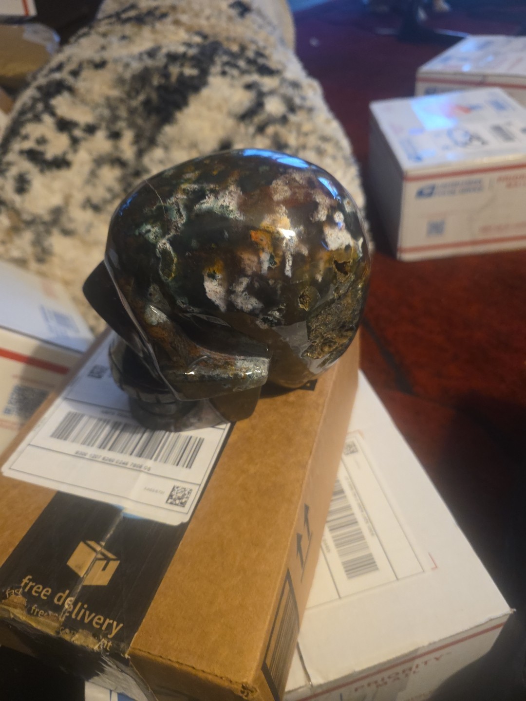 Huge Moss agate Human Skull, Giant, Massive Carving, With Druzy, Red And Greens