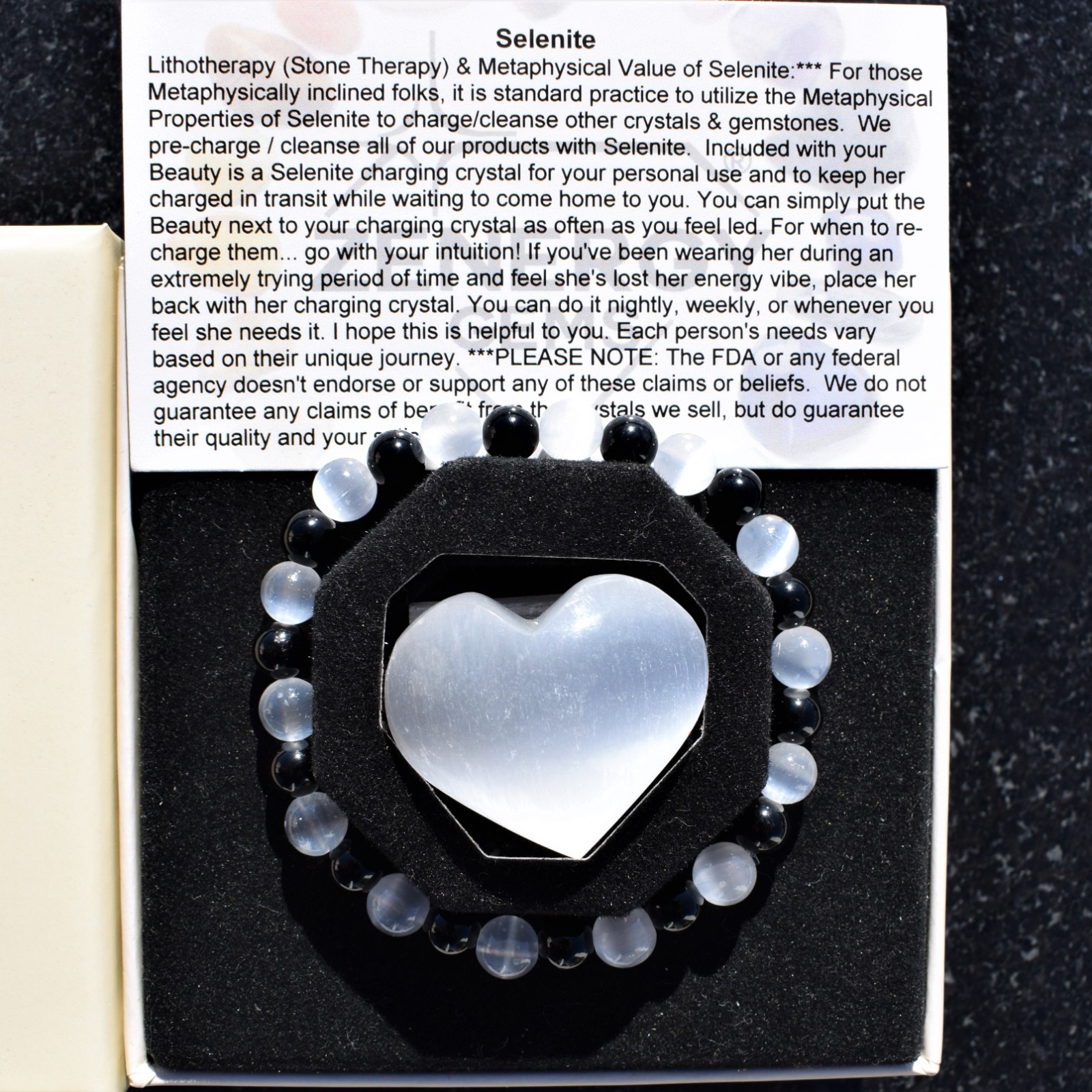 CHARGED Natural Selenite & Black Tourmaline 8mm Bracelet 50/50 + Selenite Heart