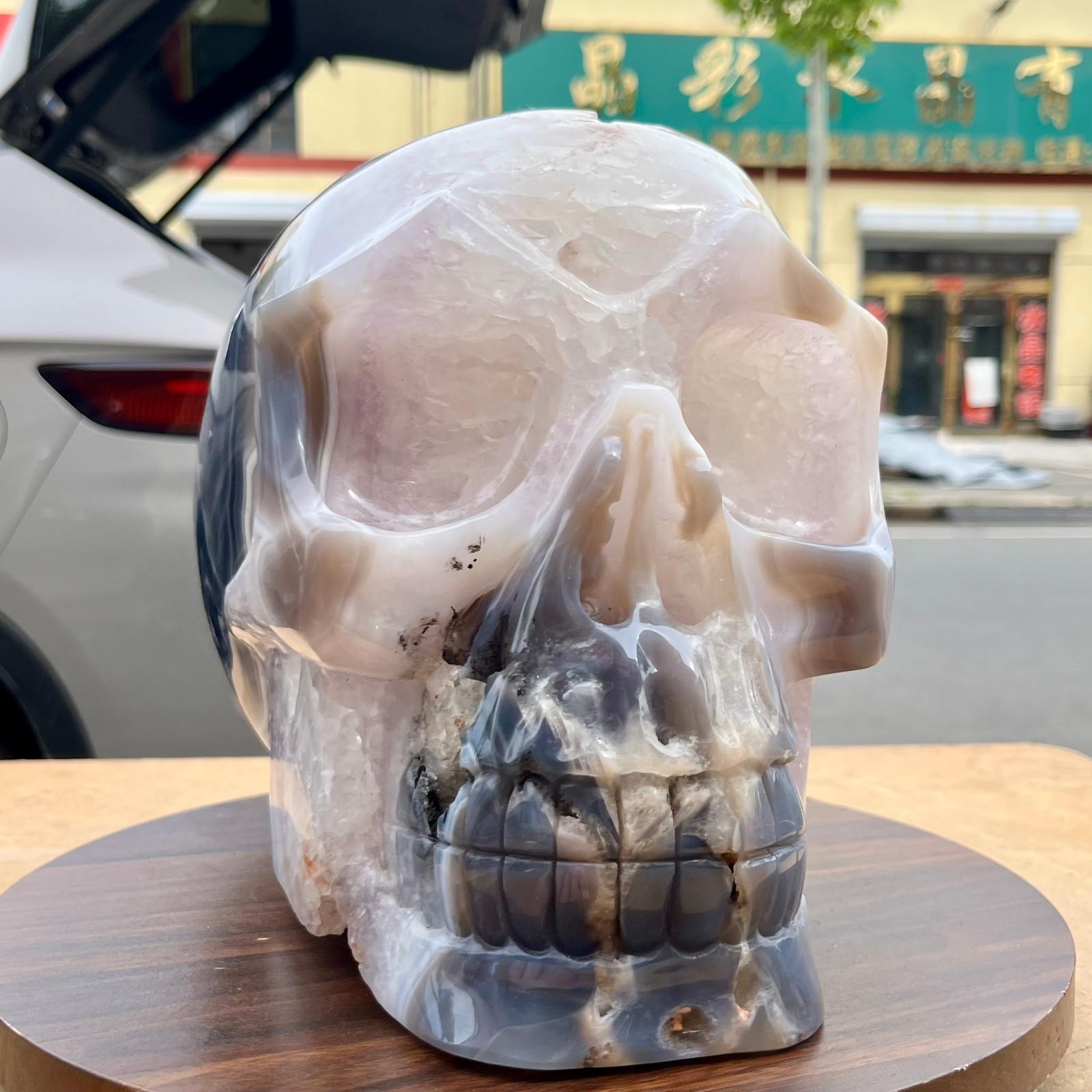 Polished Agate Crystal Skull Carving Natural Stone Head Sculpture Gothic 31.9 lb