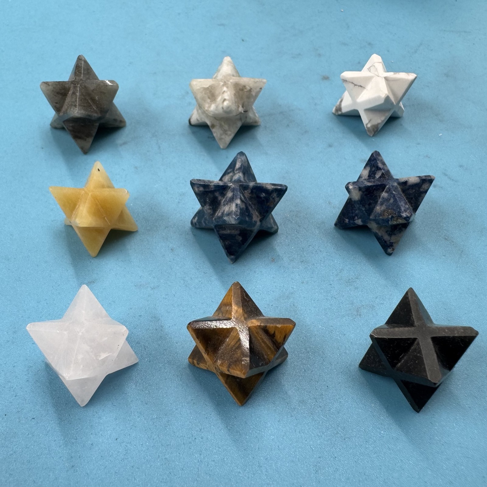 Set of 9 Merkaba Star Crystals in Velvet Gift Bag Mixed Gemstone Collection