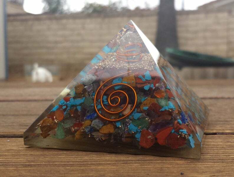 EXTRA LARGE (70-75mm) 7 CHAKRA MIXED ORGONE GEMSTONE X-LARGE PYRAMID ORGONITE