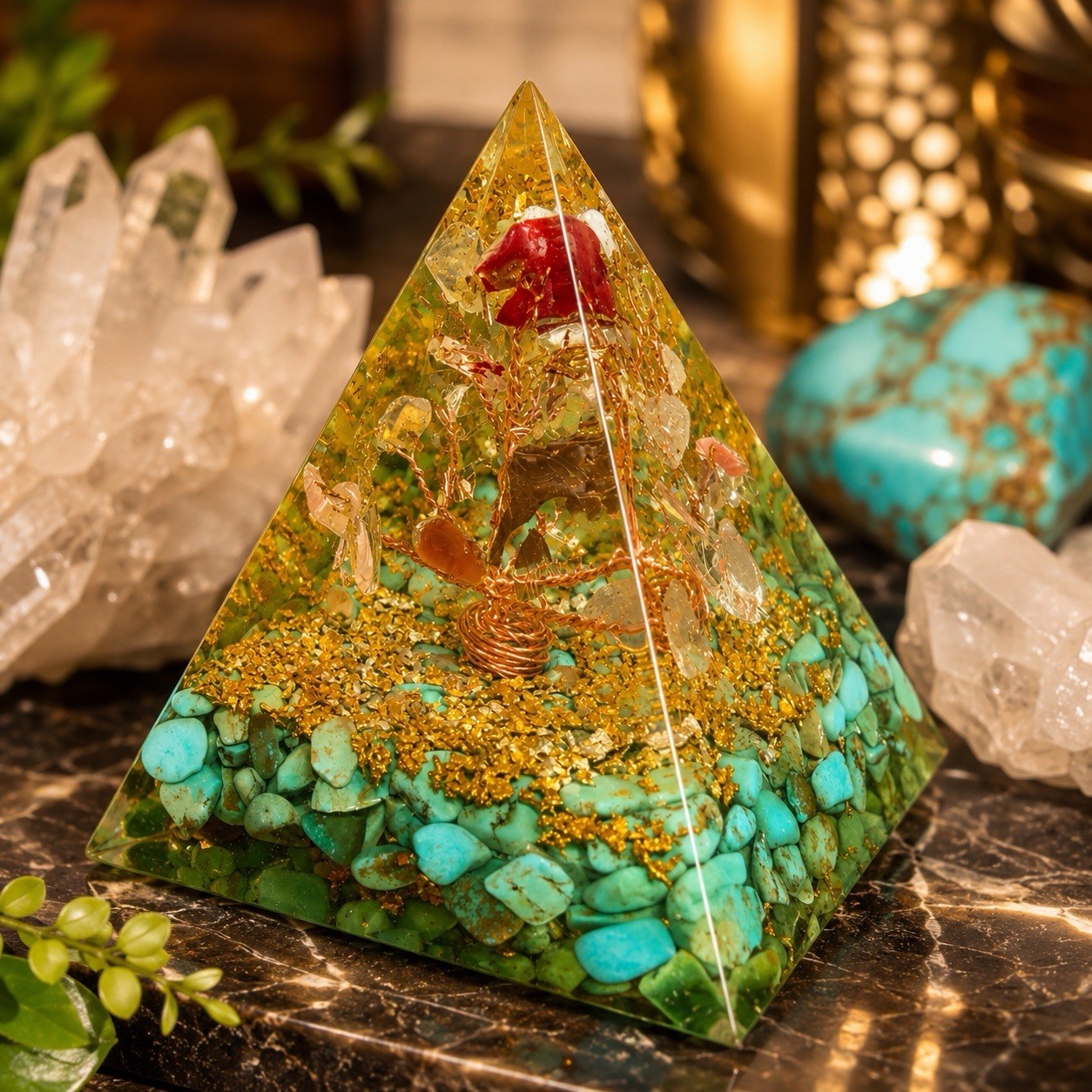 Tree of Life Orgonite Pyramid: Turquoise, Quartz, Copper & Gold Leaf