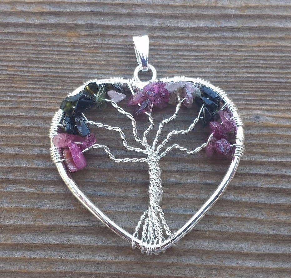 HEART STYLE MULTI TOURMALINE TREE OF LIFE WIRE WRAPPED PENDANT STONE GEMSTONE