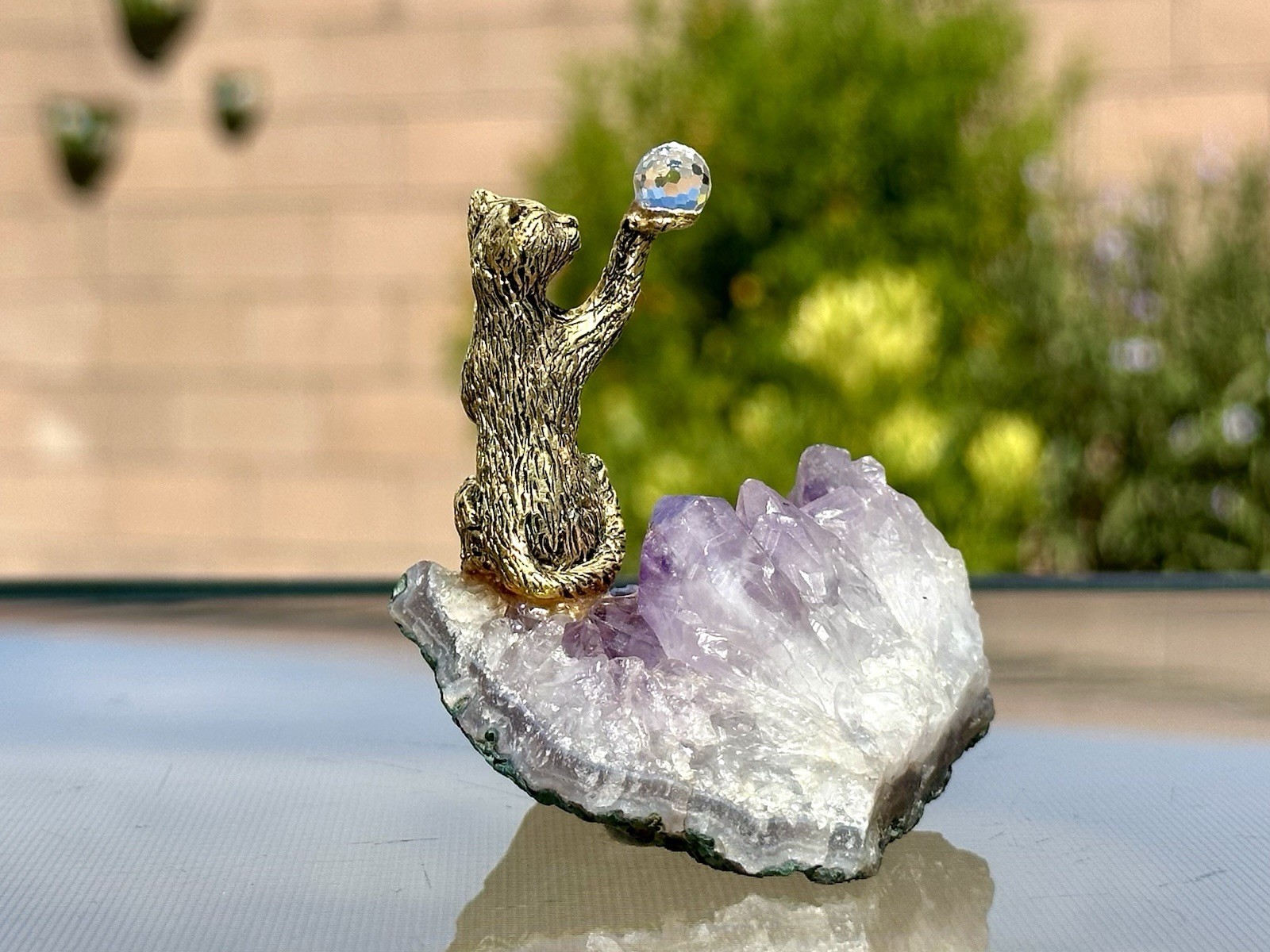 Amethyst Crystal Cluster Geode Slice w/ Brass Metal Cat Figurines Natural Quartz