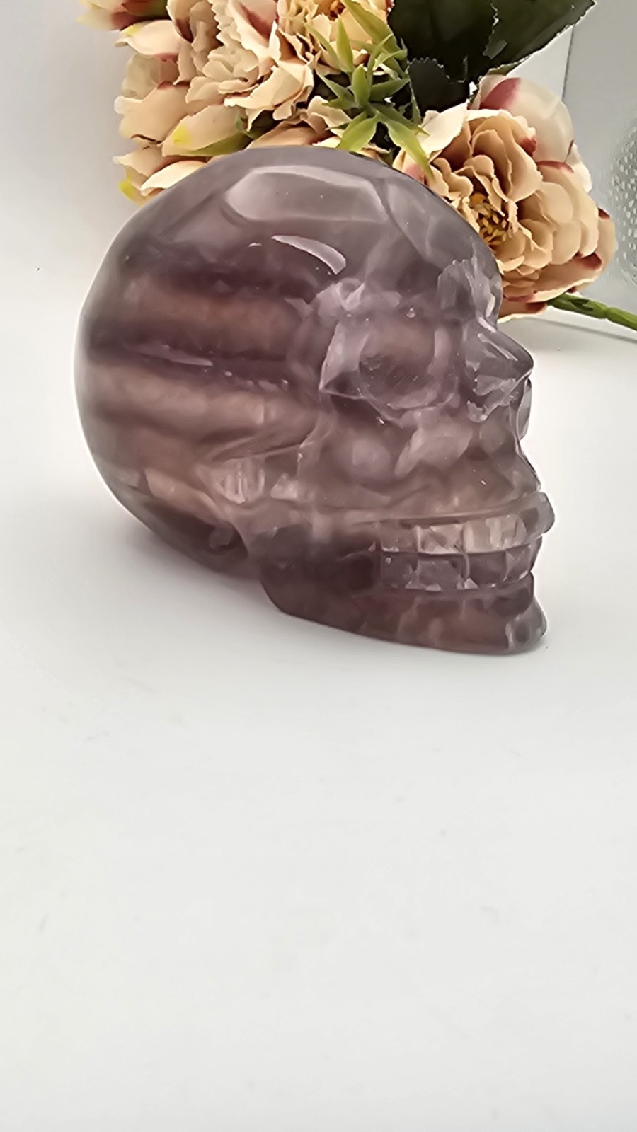 Rainbow purple Fluorite Skull Crystal Carving 369g Purple 7.5 x 6 x4.8cm