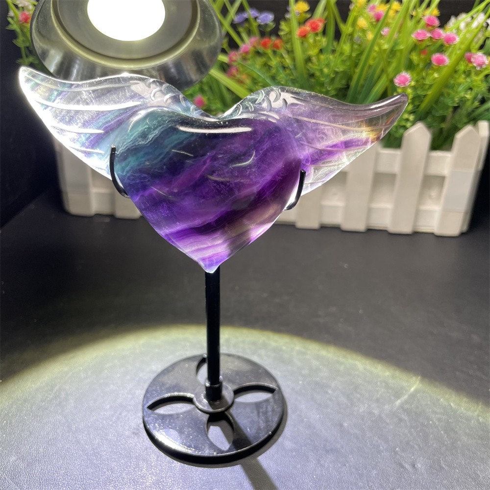 0.6LB 5.3″ A++Natural Rainbow Fluorite Love Wings Ornament Reiki Crystal Quartz