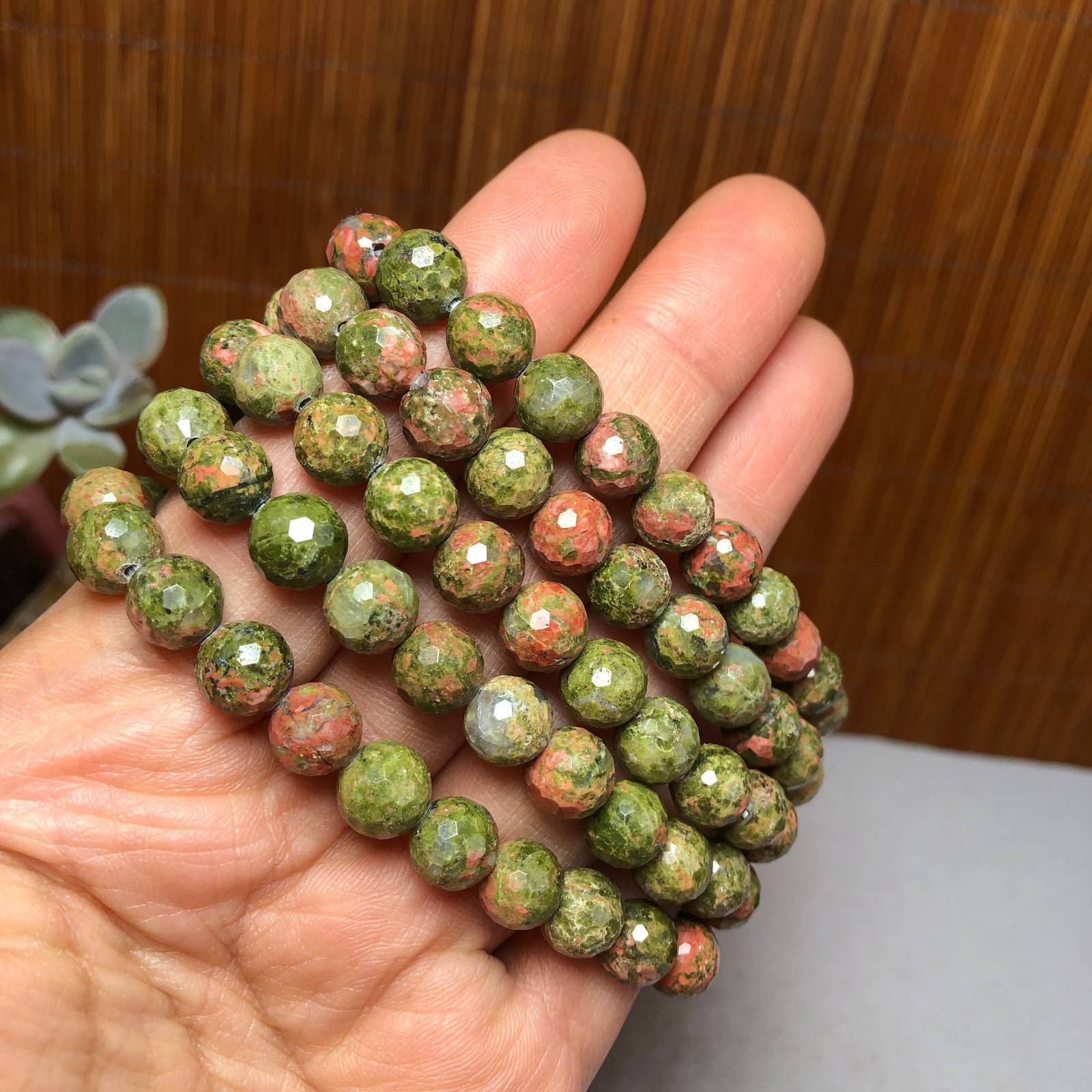 5Pcs Wholesal Natural Polish Unakite stone bracelets Crystal ball 8mm facet 3427