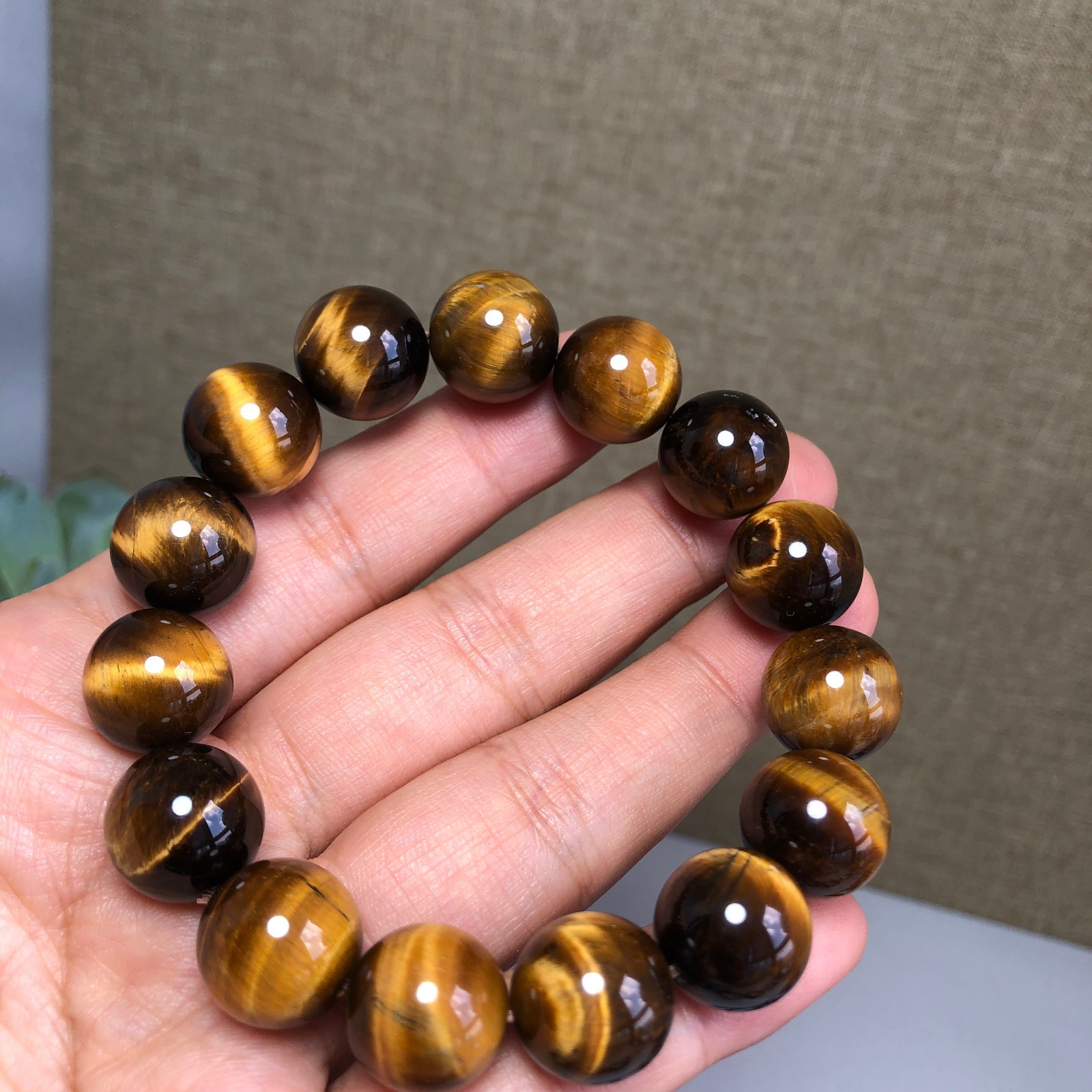 14mm Natural yellow tiger eye Crystal Quartz chain beads bracelet 58.3g g7637
