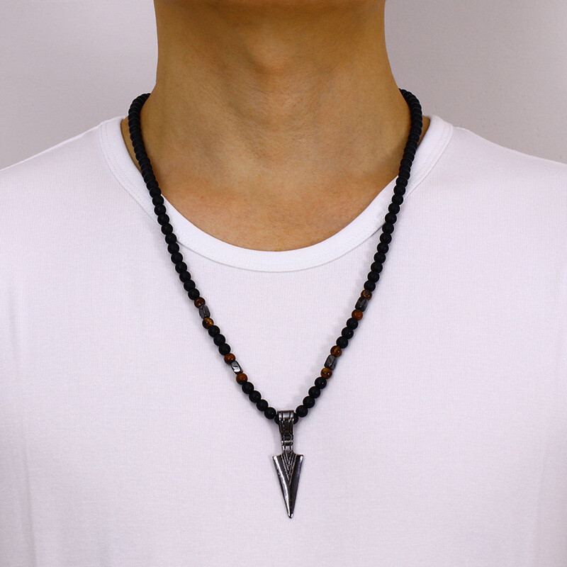 Men’s Fashion Jewelry Tiger Eye Stone Beaded Arrow Pendant Necklace Gift