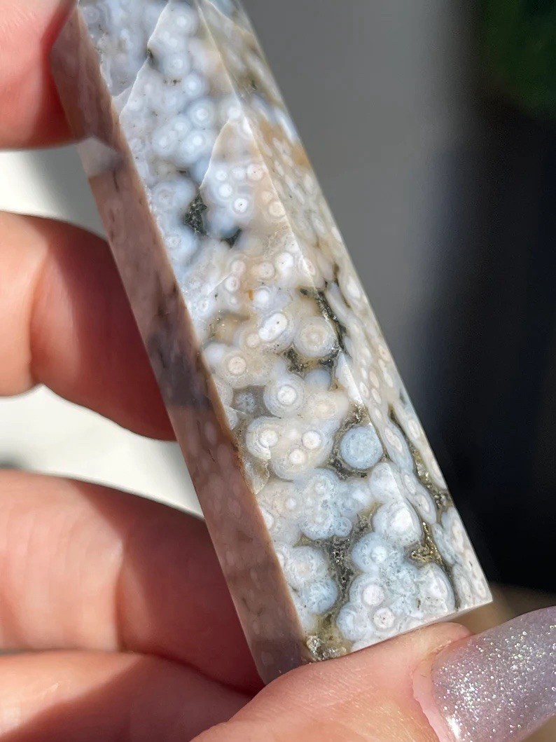 8th Vein Ocean Jasper Tower – Natural Blue & White Rare Bubble Jasper Point
