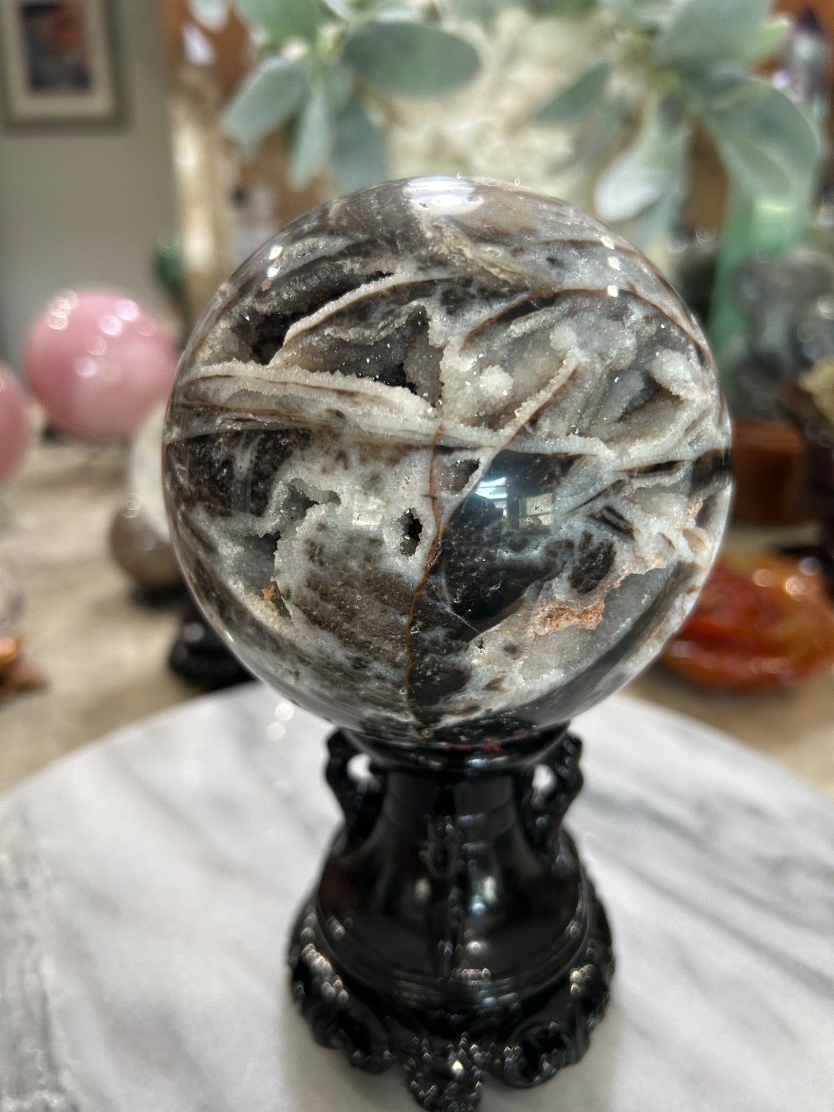 Sphalerite druzy sphere with stand 4” large