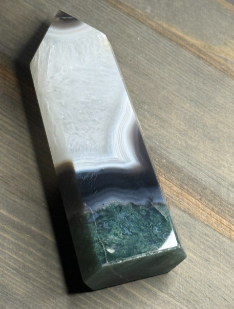 Large Natural Moss Agate in Quartz Crystal Tower White Plume Green Moss 6”