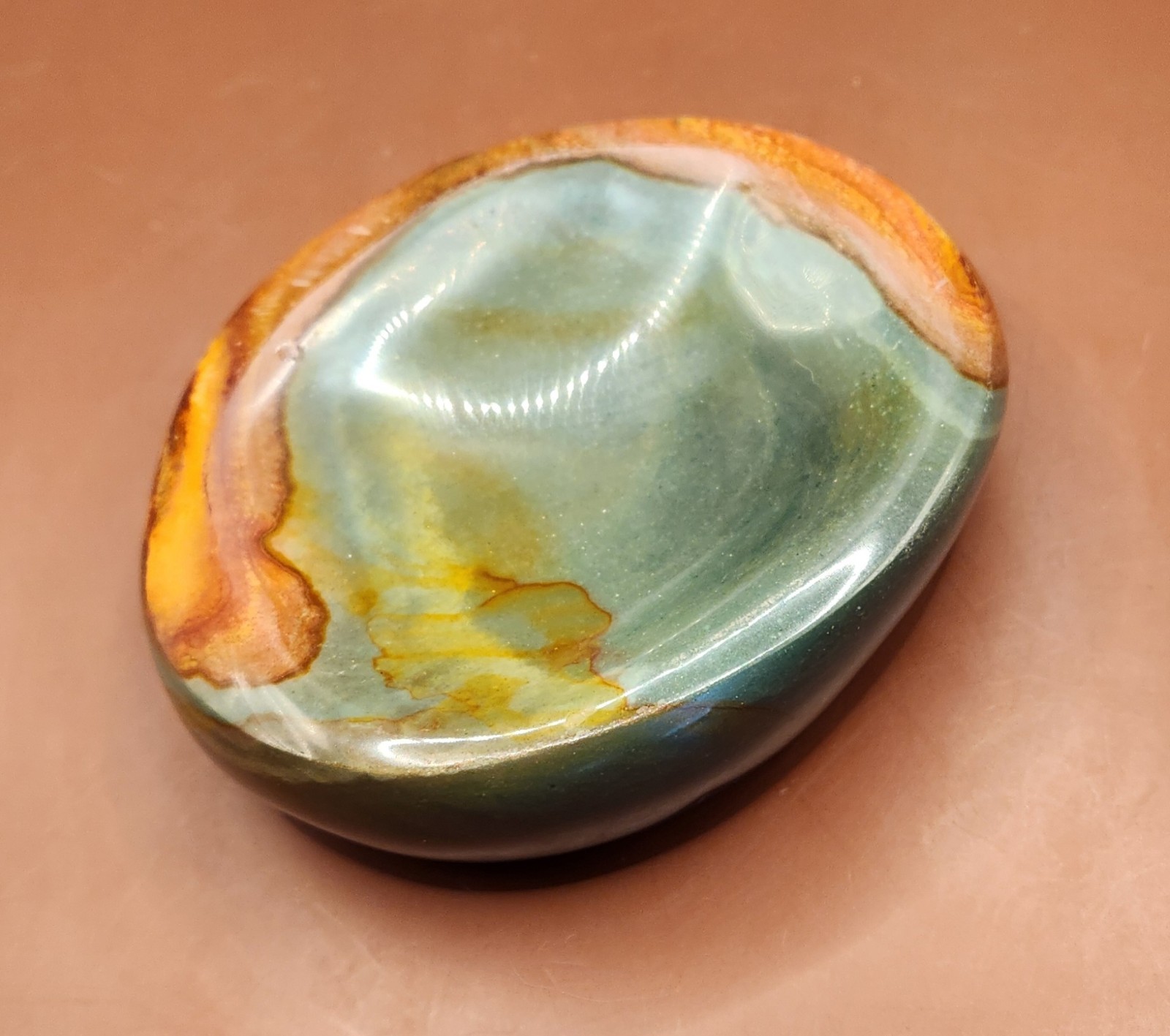 Matching Pair Polychrome Jasper Carved Dishes Teal Orange Madagascar Set
