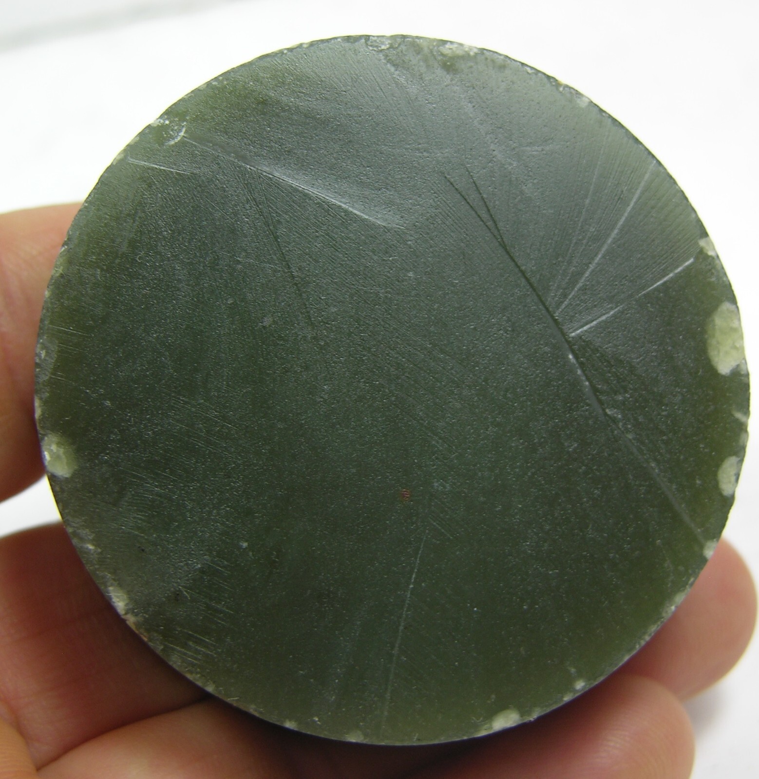#1 Russia 109g 100% Natural Rough Round Green Jade Slice Specimen 3.80oz 52mm