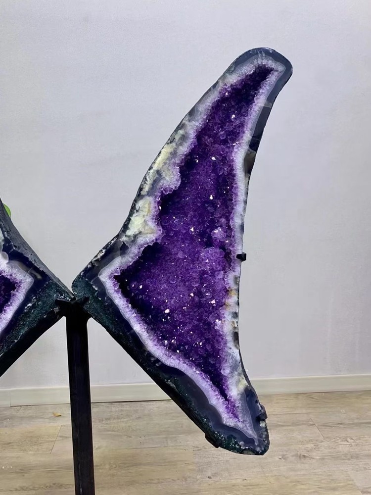 136LB Natural Amethyst Butterfly Geode Quartz Crystal Amethyst Cave + Stand