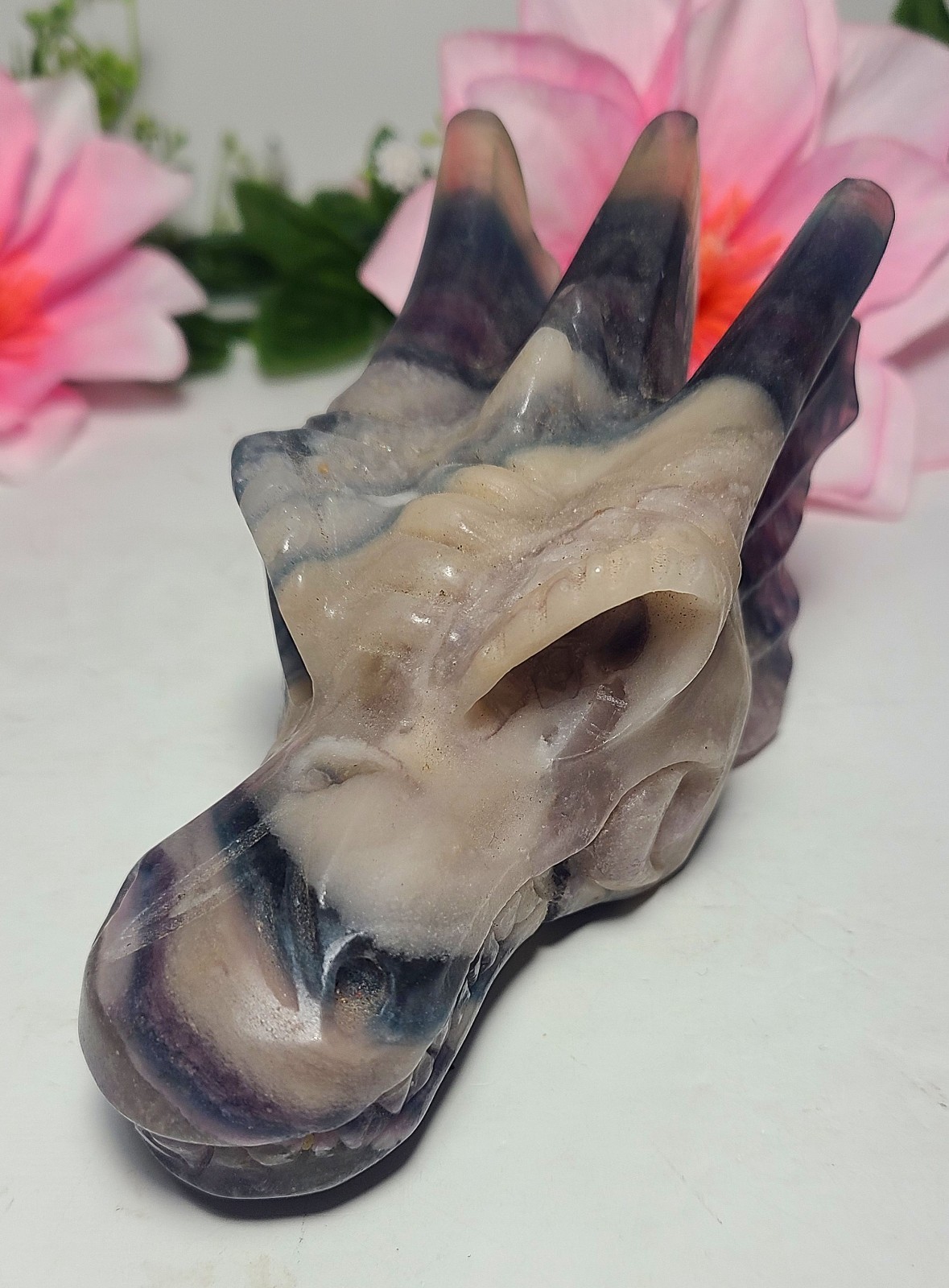 Large 5″ 303g Silky Fluorite Dragon Head Skull Crystal Stone Carving Statue
